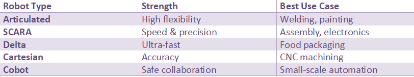 Comparison table of industrial robot types including articulated, SCARA, delta, Cartesian, and cobots with strengths and best use cases.
