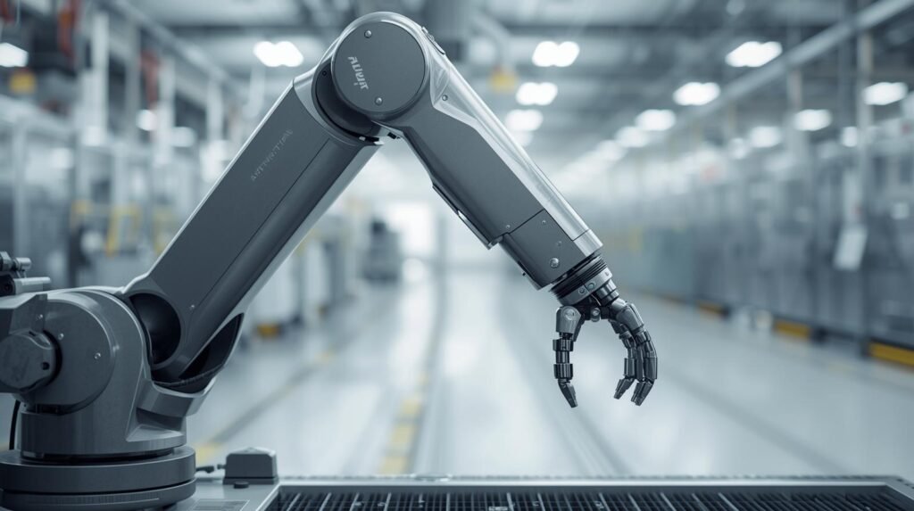 Industrial robot arms with articulated joints and gripper performing automated tasks on a modern factory floor.