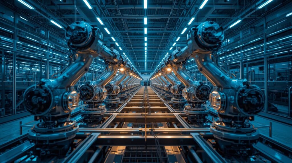 Industrial robotics systems operating together in a smart manufacturing environment.