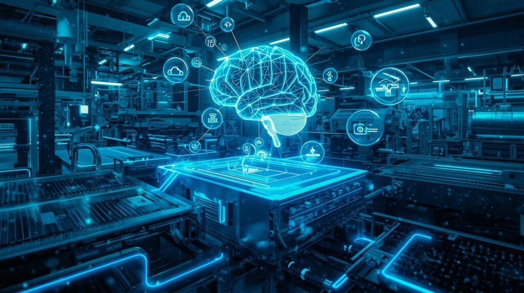 Industry 4.0 AI connecting machines and systems for advanced manufacturing quality checks.