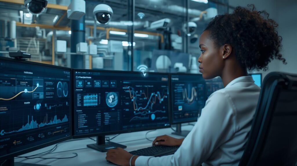 IT engineer monitoring connected IoT devices and real-time data dashboards in a modern smart workplace.
