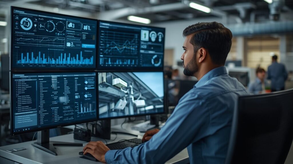 IT engineer monitoring connected Internet of Things (IoT) devices and real-time data dashboards in a modern smart workplace.