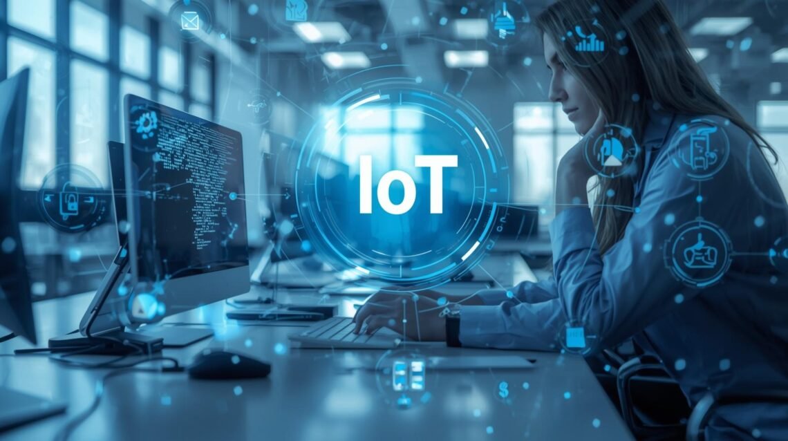 IT engineer monitoring connected IoT devices and real-time data dashboards in a modern smart workplace.