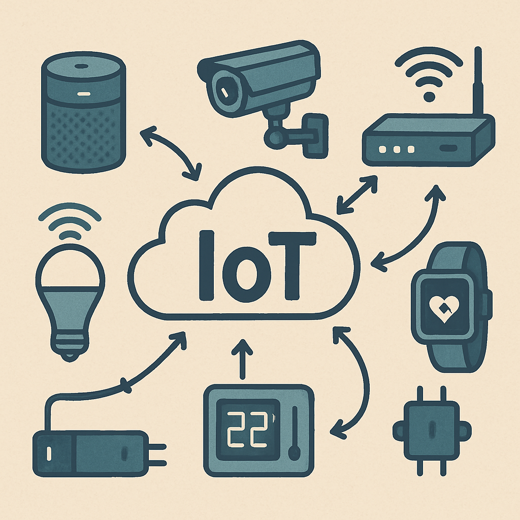 Illustration of IoT cloud connected to smart devices including camera, router, smartwatch, light bulb, thermostat, and smart plug with arrows showing data flow.