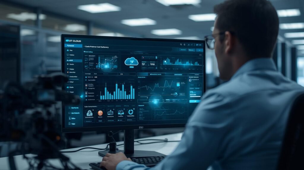 Cloud engineer analyzing IoT device data and analytics dashboards in a modern technology workspace.