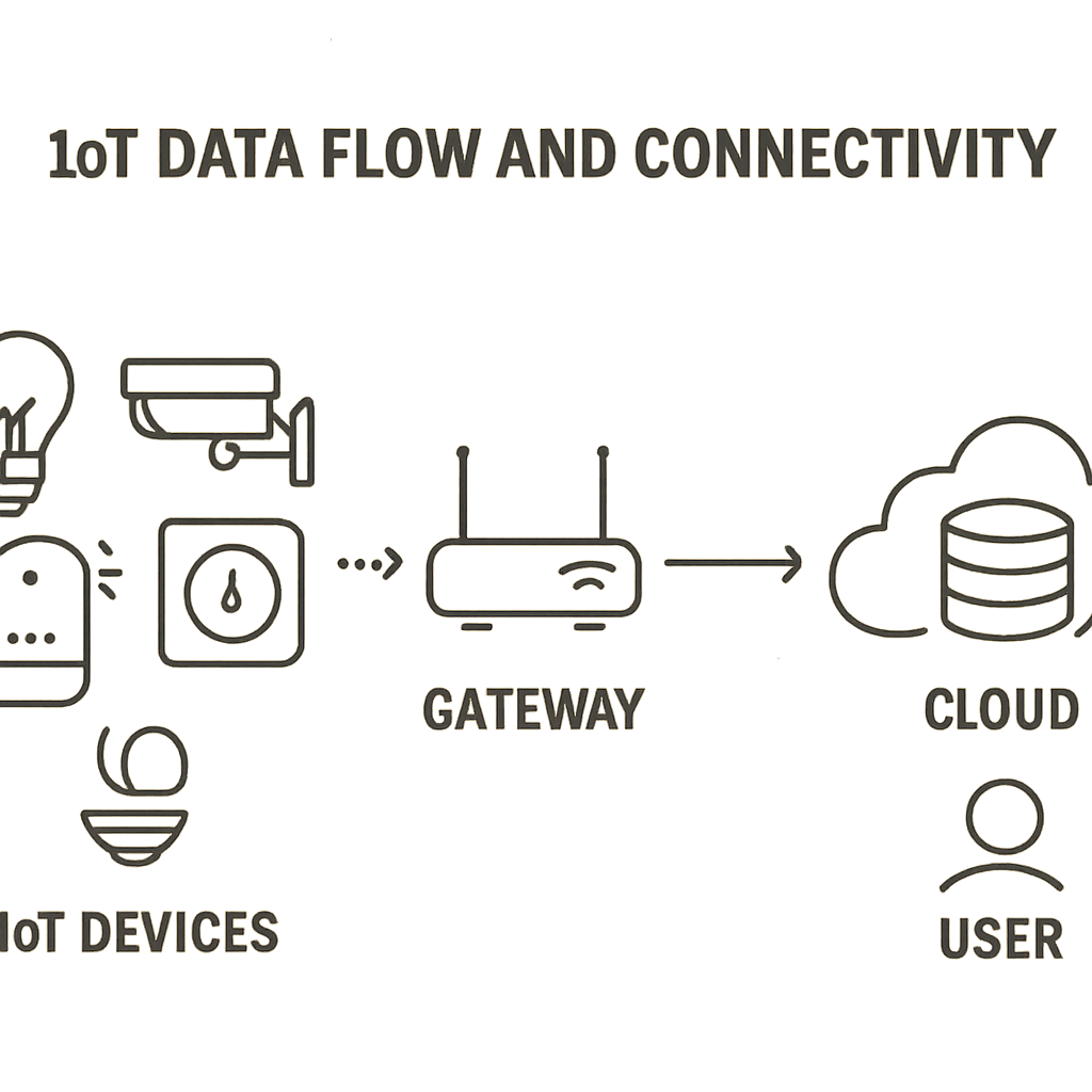 Diagram showing IoT data flow from connected devices through a gateway to the cloud and end user.