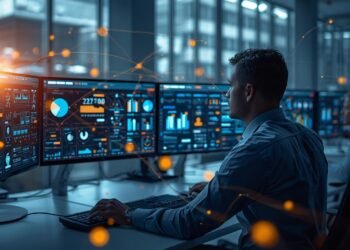 Network engineer monitoring connected IoT devices and smart systems on multiple screens in a modern office, illustrating how devices communicate intelligently.