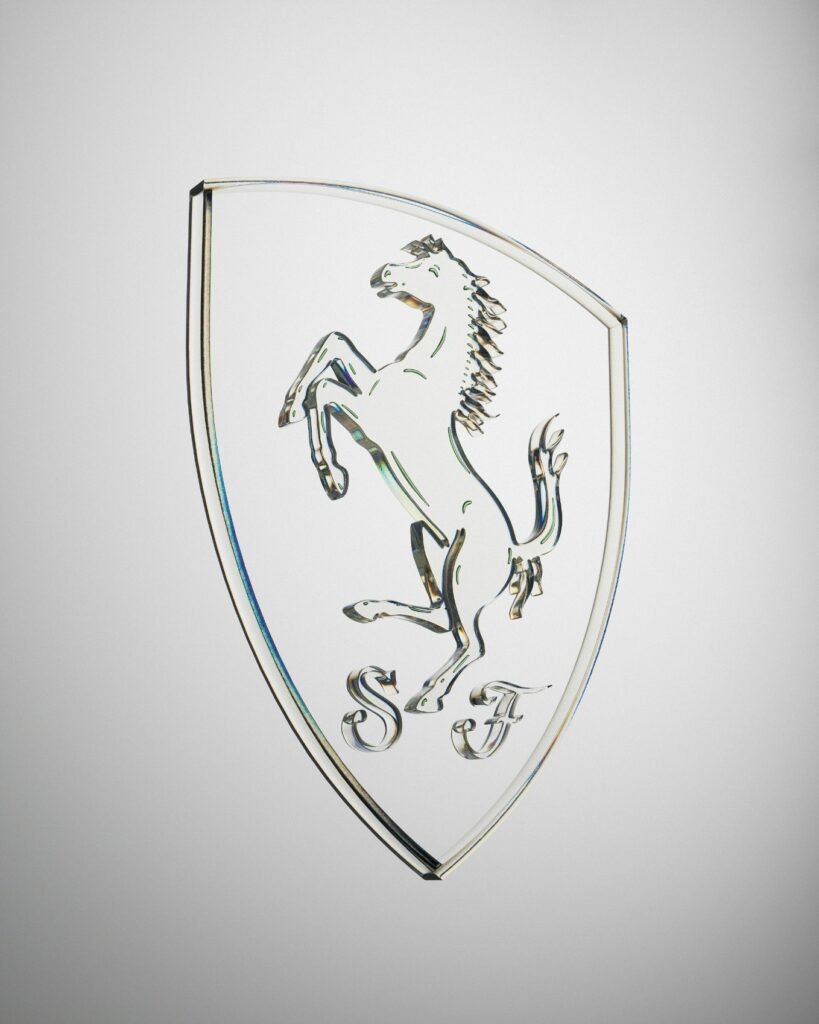Metallic shield emblem with a prancing horse logo symbolizing brand protection and security.