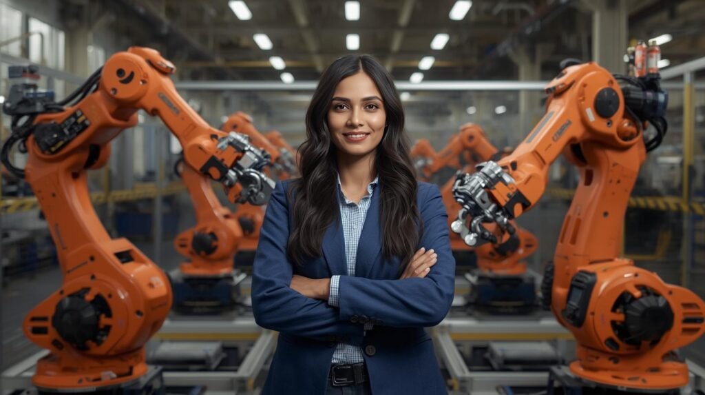 Robotics engineer in a modern U.S. manufacturing facility working with advanced industrial robotic arms.