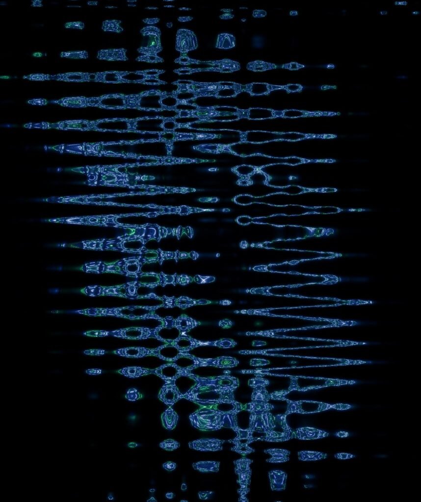 Abstract dark background with glowing blue and green waveform-like data patterns representing machine learning signals and analytics.