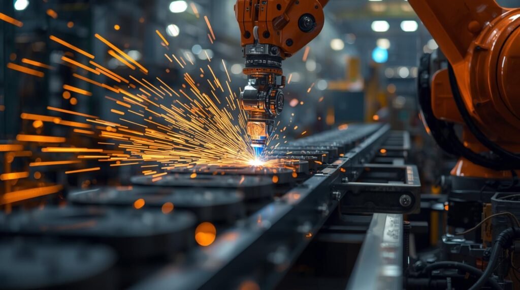 Manufacturing robots performing automated welding on a factory assembly line.
