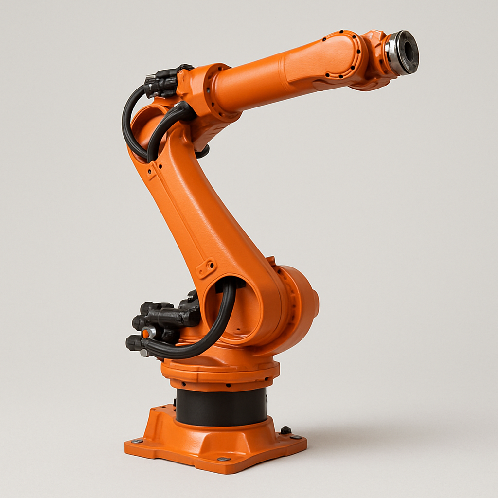 Meet the Arm: Close-up of an orange articulated industrial robot arm mounted on a base, highlighting its joints and mechanical structure