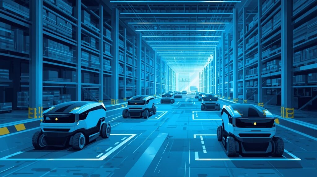 Mobile robot fleet management coordinating autonomous robots in a warehouse.