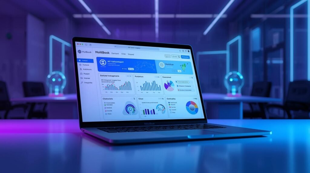 MoltBook digital workspace platform displayed on a laptop with AI-powered dashboard and collaboration tools.