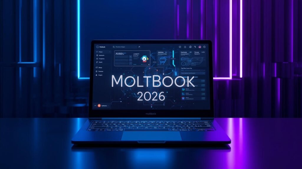 MoltBook features 2026 interface displayed on a modern laptop with futuristic AI-powered dashboard.