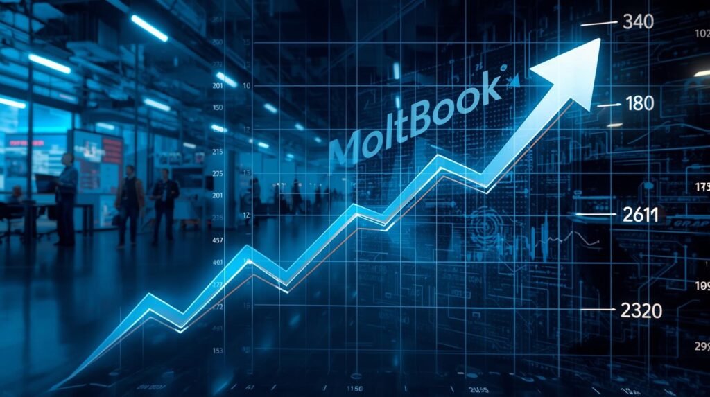 MoltBook market impact illustrated with rising business growth charts and tech theme.