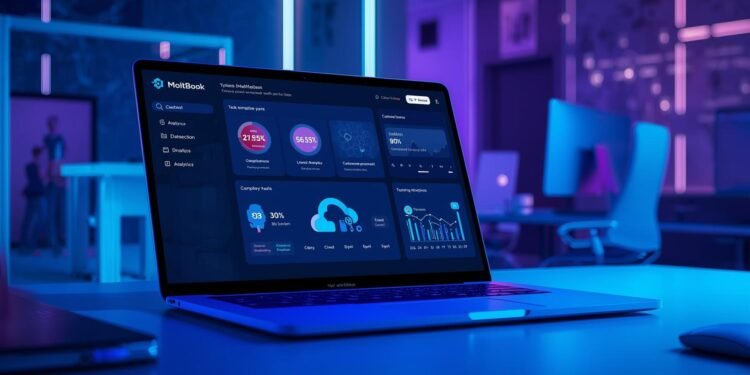 MoltBook digital workspace platform displayed on a laptop with AI-powered dashboard and collaboration tools.