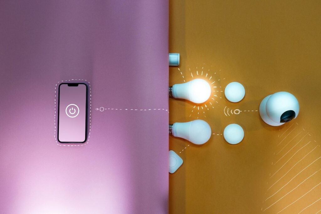 Smartphone controlling smart home devices, including connected light bulbs and a security camera, representing digital communication and automation.