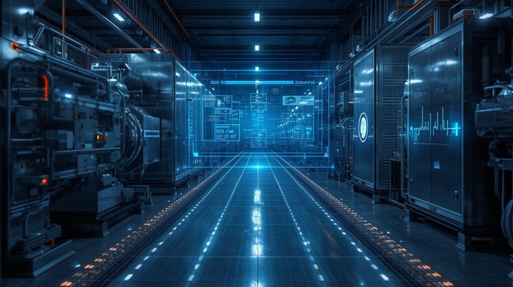 AI-powered predictive maintenance system monitoring industrial machines with real-time analytics dashboard.