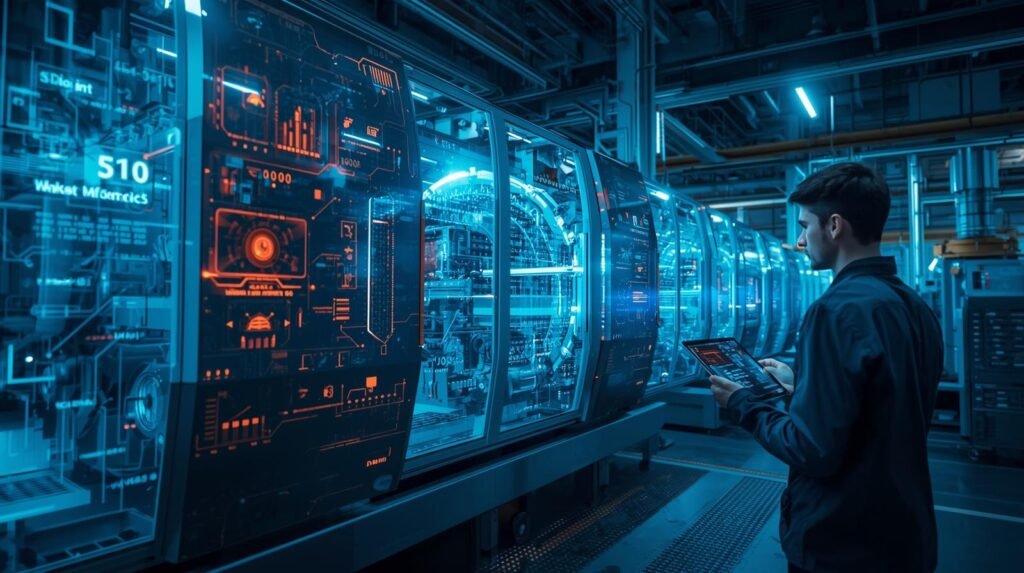 AI-powered predictive maintenance system in an automated factory monitoring equipment performance with real-time data analytics.