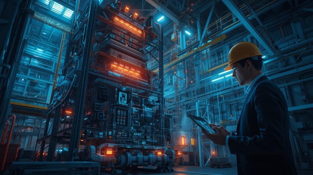 AI-powered predictive maintenance system in an automated factory monitoring equipment performance with real-time data analytics.