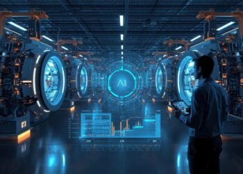 AI-powered predictive maintenance system in an automated factory monitoring equipment performance with real-time data analytics.