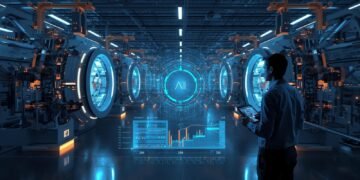 AI-powered predictive maintenance system in an automated factory monitoring equipment performance with real-time data analytics.