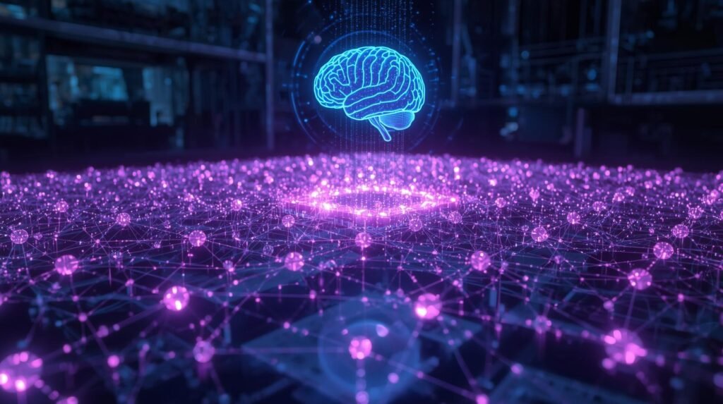 Quantum AI simulation visual showing glowing qubits and neural networks modeling complex systems beyond classical computing