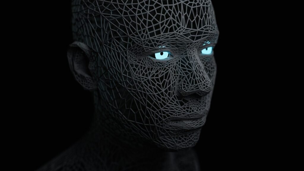 Wireframe digital human face with glowing eyes symbolizing quantum-powered artificial intelligence.