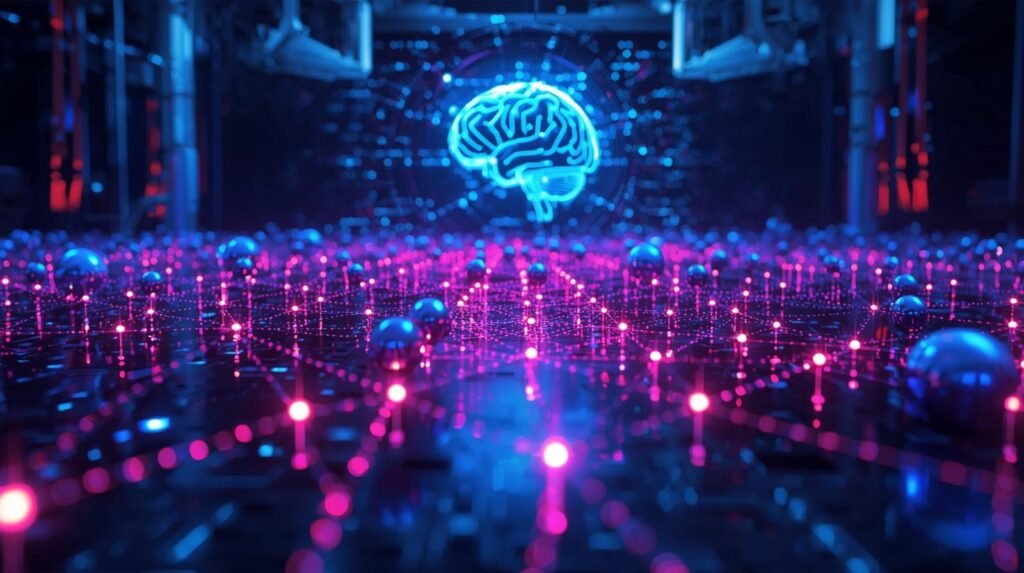 Quantum AI simulation visual showing glowing qubits and neural networks modeling complex systems beyond classical computing