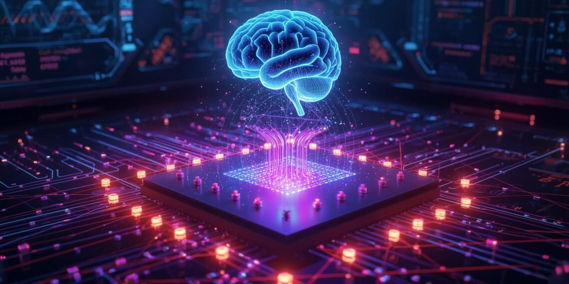 Quantum AI simulation visual showing glowing qubits and neural networks modeling complex systems beyond classical computing