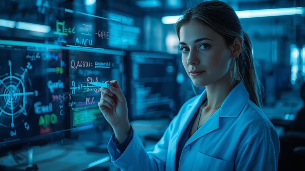 Data scientist developing quantum algorithms with equations and qubit circuit diagrams in a high-tech laboratory workspace.