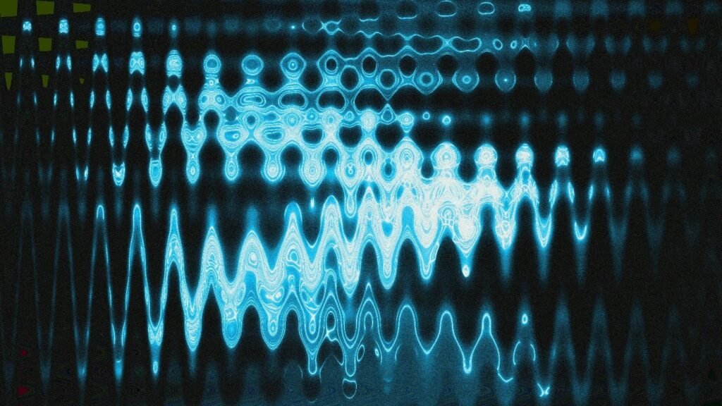 Glowing blue wave interference pattern representing quantum simulations in scientific or biotech research.