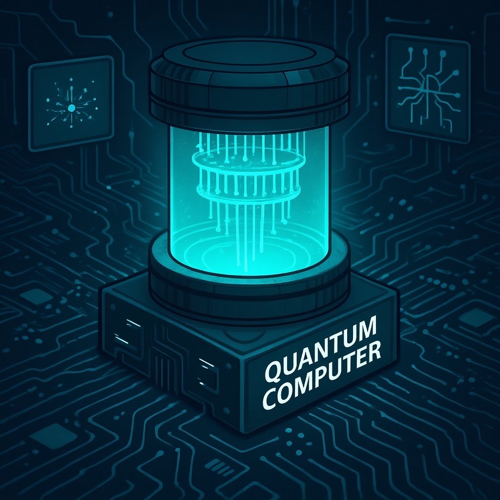 Illustration of a glowing quantum computer inside a glass chamber mounted on a circuit board base labeled “Quantum Computer.”