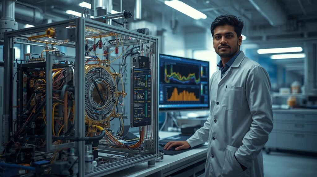 Quantum computing scientist analyzing qubit simulations beside advanced quantum hardware in modern laboratory.