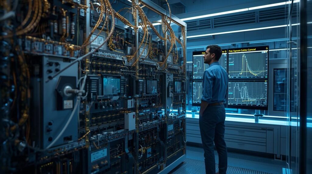 Quantum Computing: Quantum researcher analyzing data next to a cryogenic quantum computer system in a high-tech laboratory.