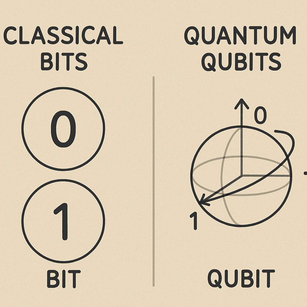 Comparison diagram showing classical bits (0 and 1) alongside a quantum qubit represented on a Bloch sphere.