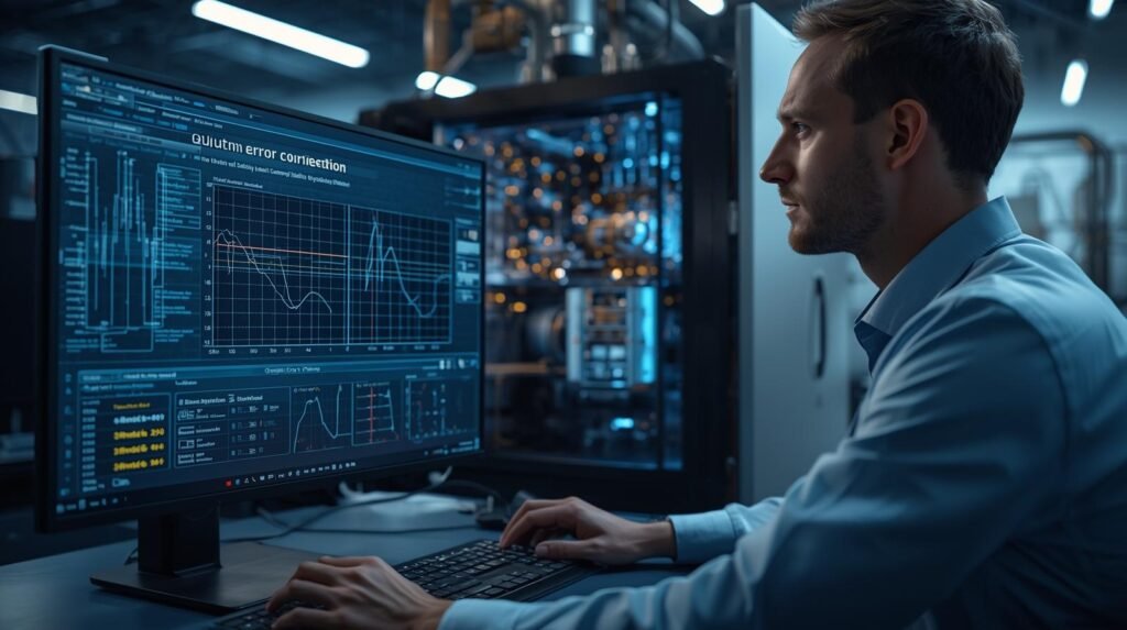 Quantum computing engineer analyzing quantum error correction data on screen beside advanced quantum hardware in modern laboratory.