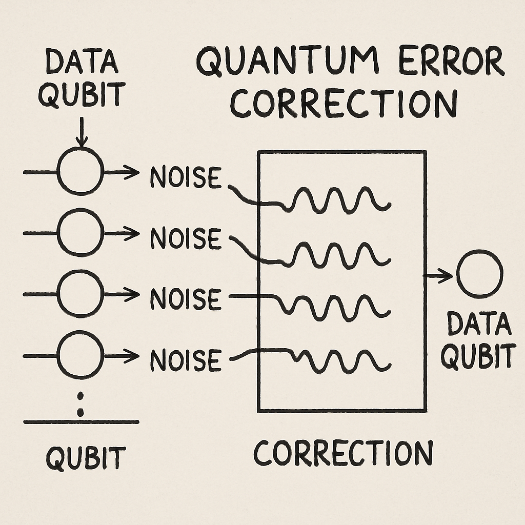 Diagram illustrating quantum error correction, showing multiple data qubits affected by noise entering a correction block and producing a stabilized output data qubit.