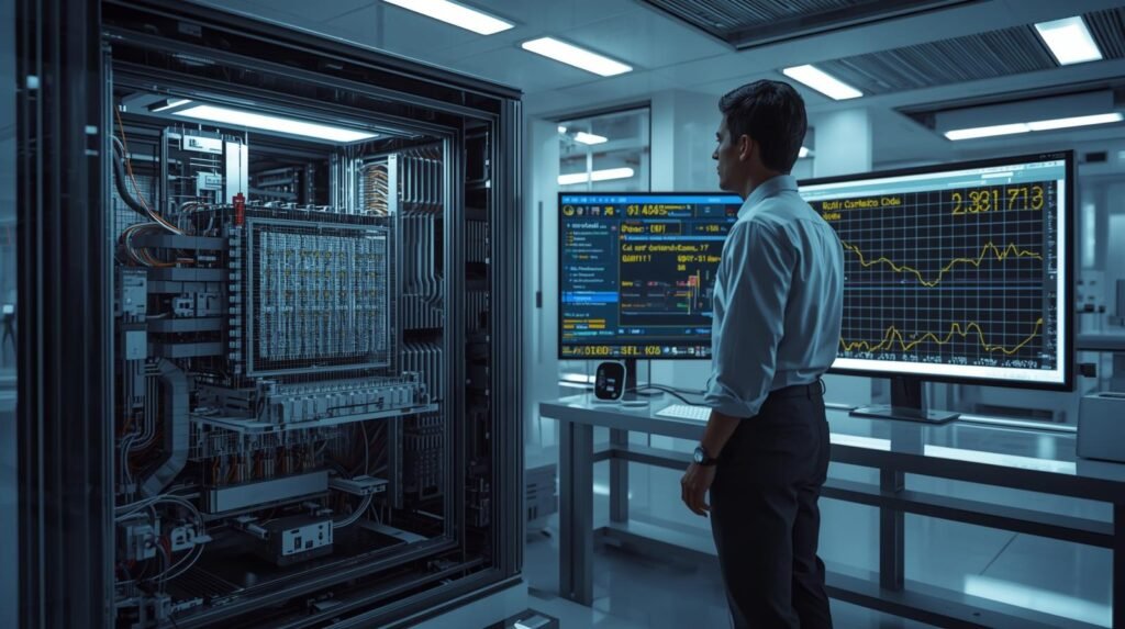 Quantum computing engineer analyzing quantum error correction data on screen beside advanced quantum hardware in modern laboratory.