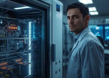 Quantum computing engineer analyzing quantum error correction data on screen beside advanced quantum hardware in modern laboratory.