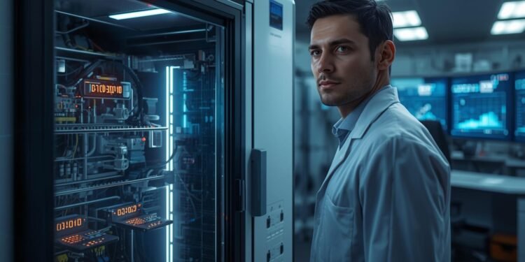 Quantum computing engineer analyzing quantum error correction data on screen beside advanced quantum hardware in modern laboratory.