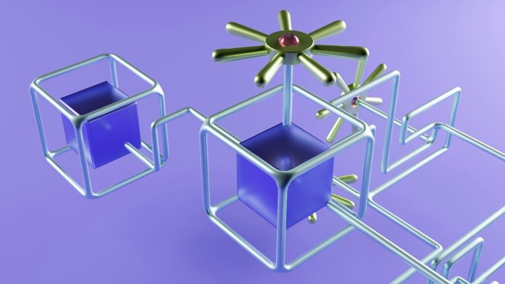 3D rendering of interconnected mechanical and geometric structures representing quantum hardware components.
