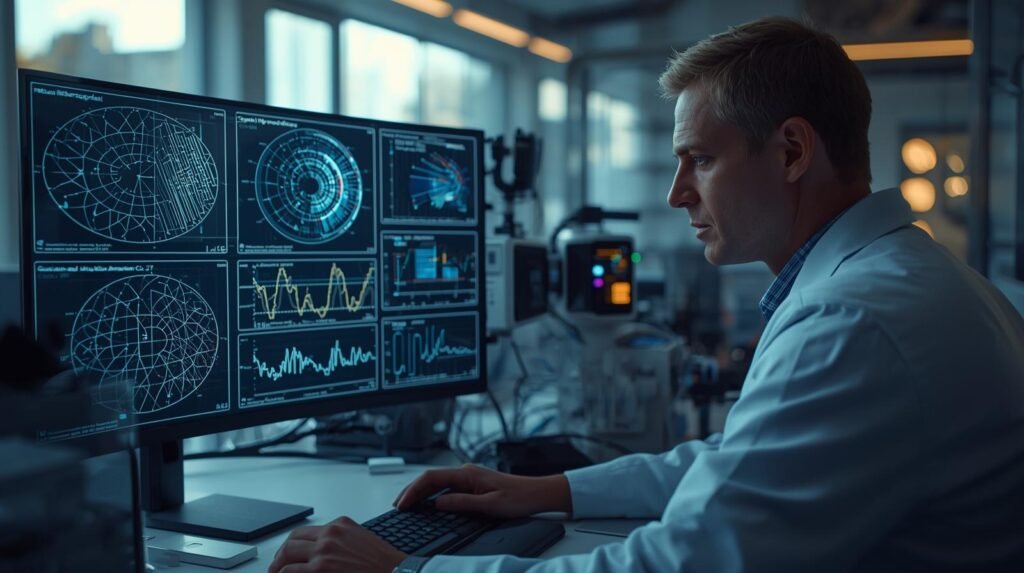Quantum physicist analyzing quantum information and qubit state diagrams on monitor in advanced research laboratory.