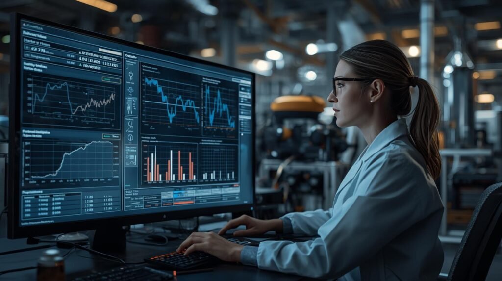 Quantum researcher examining quantum resilience metrics and qubit stability data in modern laboratory setting.