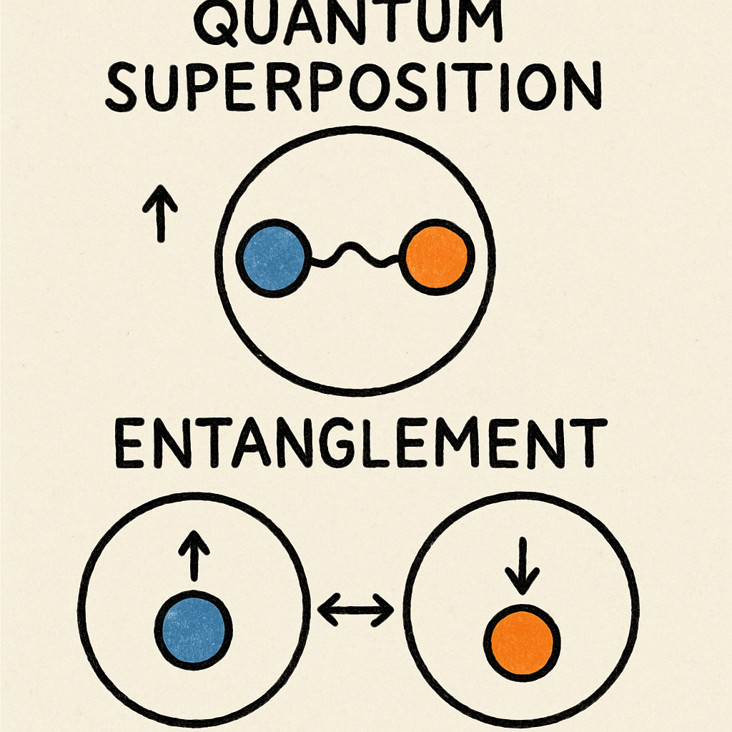 Illustration of quantum superposition and entanglement showing two connected particles in a shared state and separate entangled particles with opposite spin directions indicated by arrows.