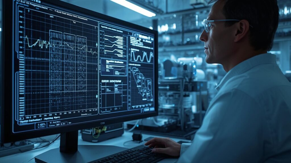Quantum engineer reviewing qubit error correction data and stability graphs in advanced quantum computing laboratory.