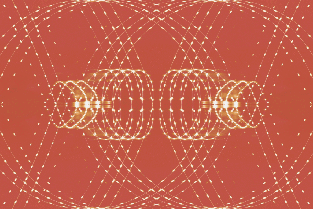 Symmetrical abstract visualization of interconnected glowing nodes and curved lines on a red background, representing qubit interactions and quantum error correction networks.