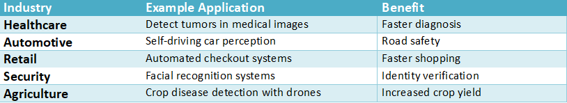 Table illustrating real-world applications of image recognition across industries including healthcare tumor detection, autonomous driving perception, automated retail checkout, facial recognition security, and crop disease detection.