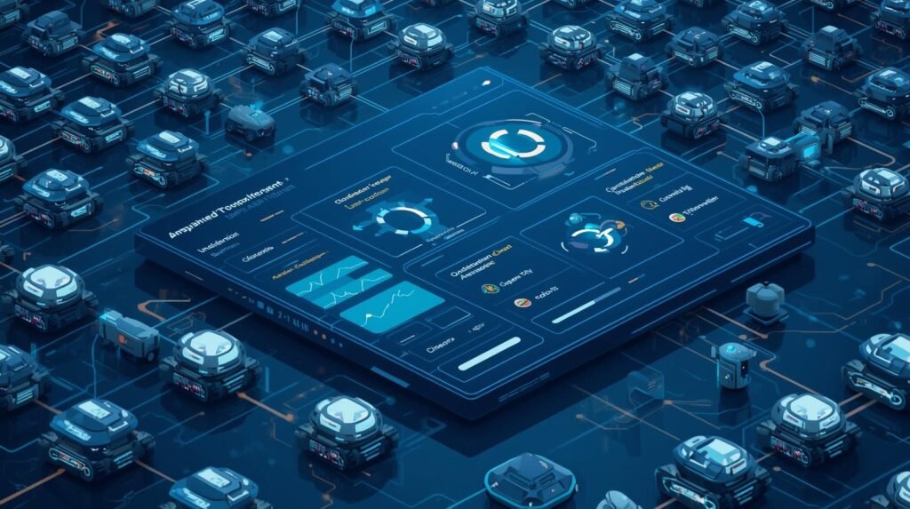Robot fleet management software controlling multiple robots from a central system.